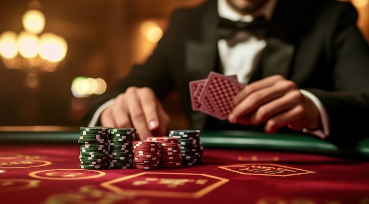 Dealer Three Card Poker di studio live scatter 888 membagikan kartu kepada pemain